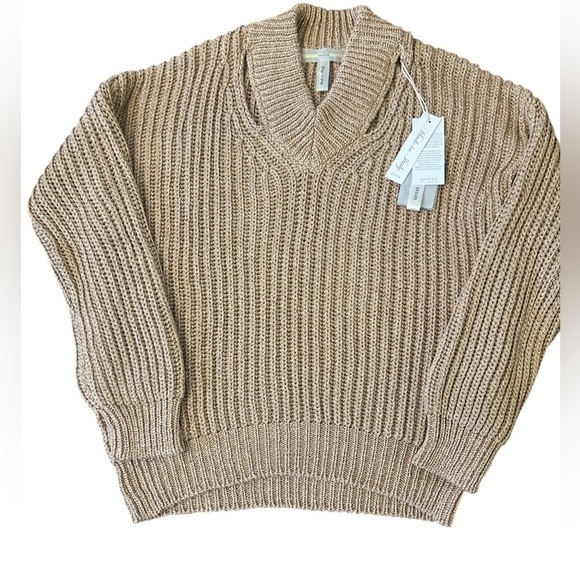 GUESS Dirty Lurex Metallic Cut-Out Neck Sweater Gold Shimmer Size Medium NWT - Picture 5 of 12